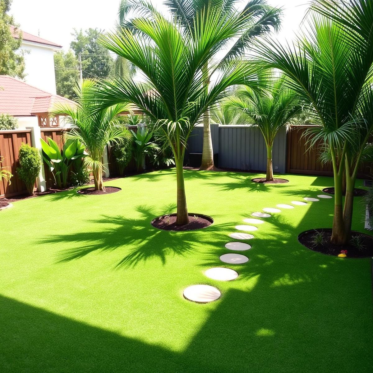Newly landscaped backyard with fresh turf, stepping stones and palms