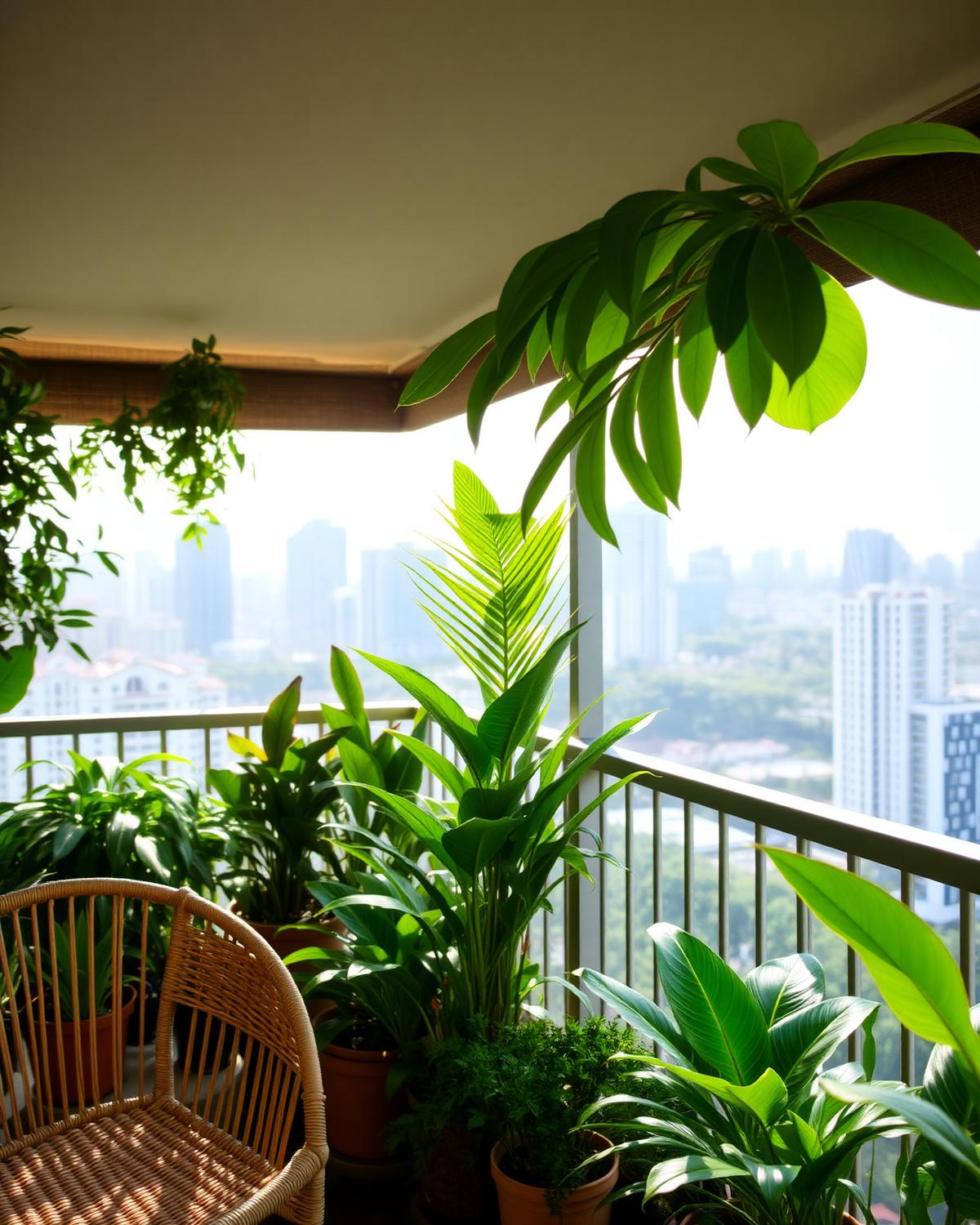 Balcony garden with potted tropical plants and city skyline