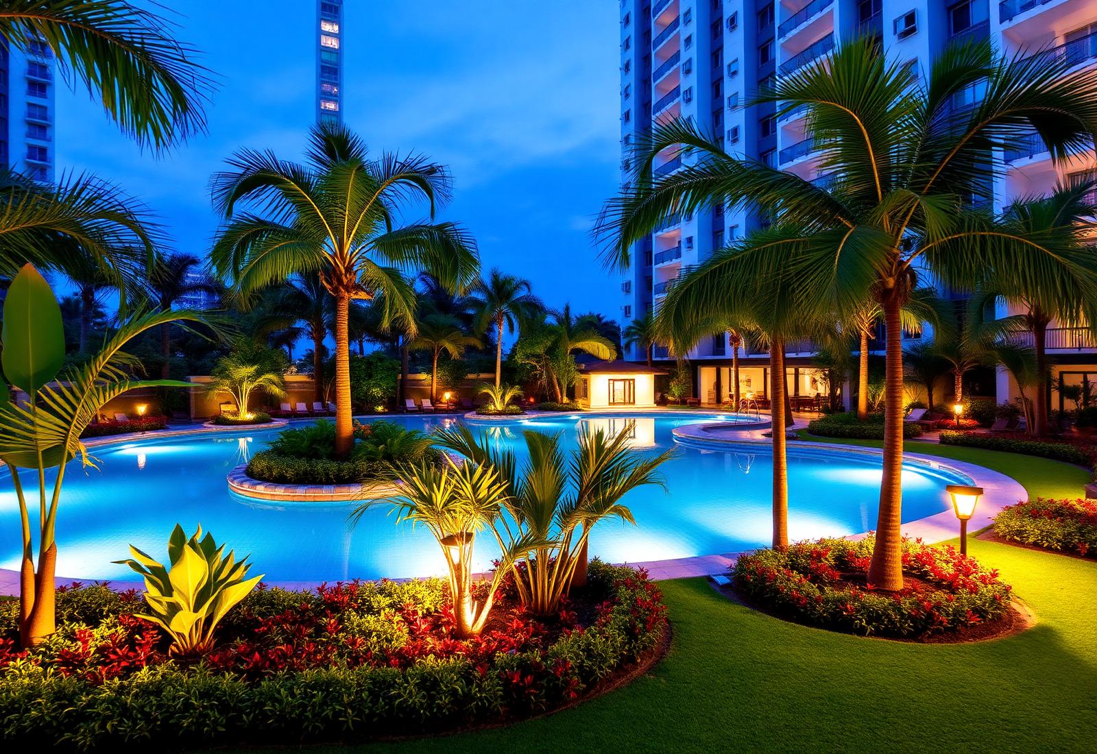 Landscaped condominium grounds with palms and poolside planting at dusk
