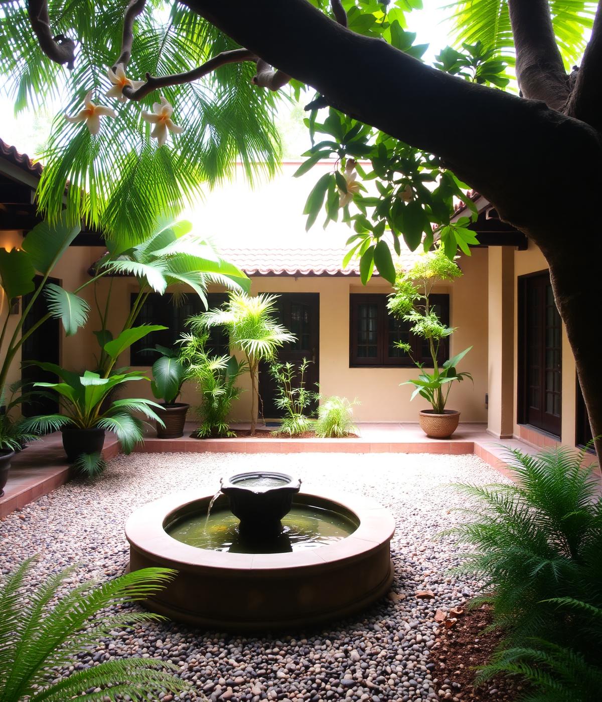 Serene tropical courtyard garden with a water feature and ferns