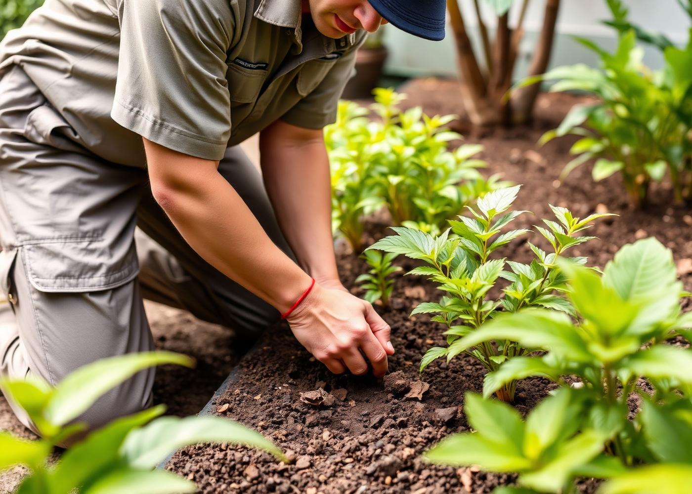 Gardener planting tropical shrubs into a garden bed