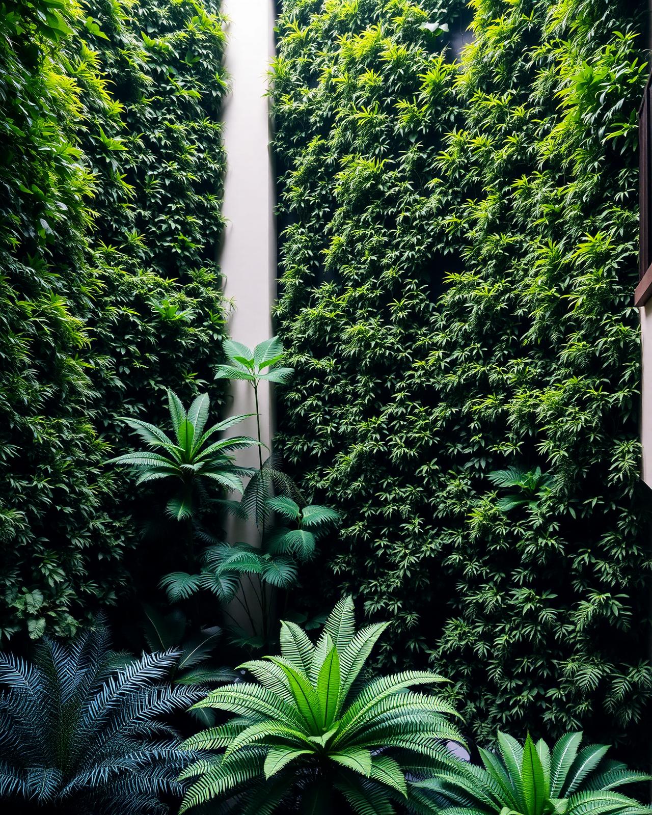 Vertical green wall of ferns in a tropical courtyard