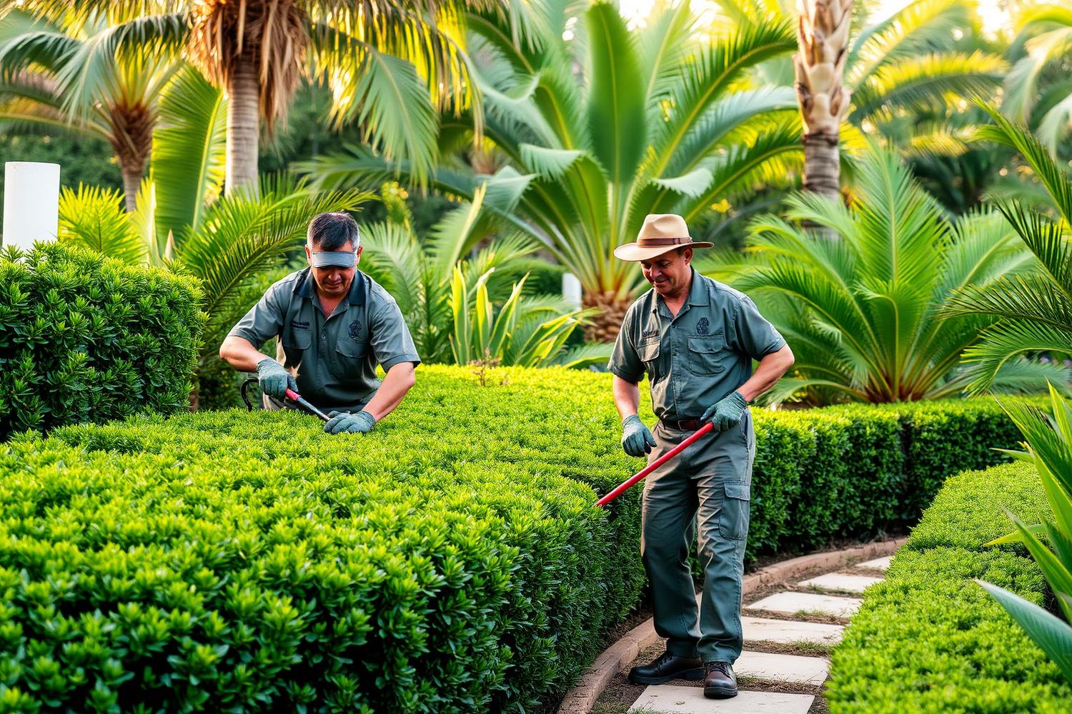 Two gardeners trimming hedges during a maintenance visit