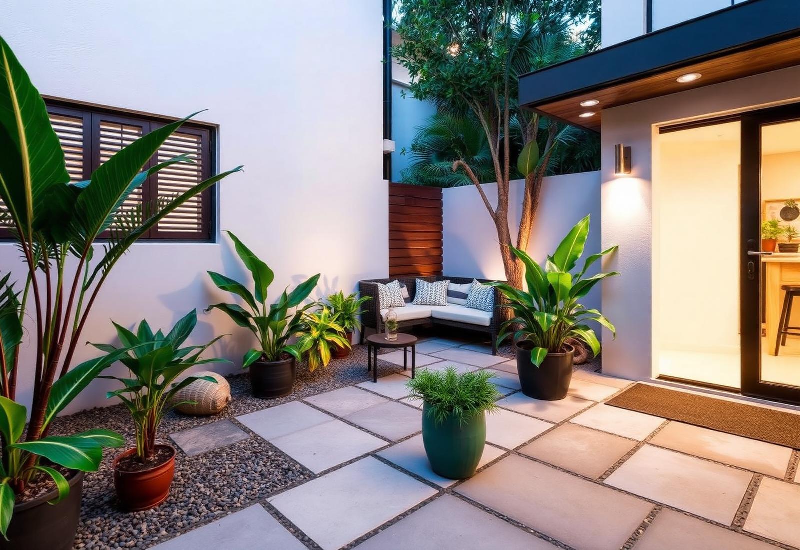 Designed patio garden with stone paving and potted tropical plants