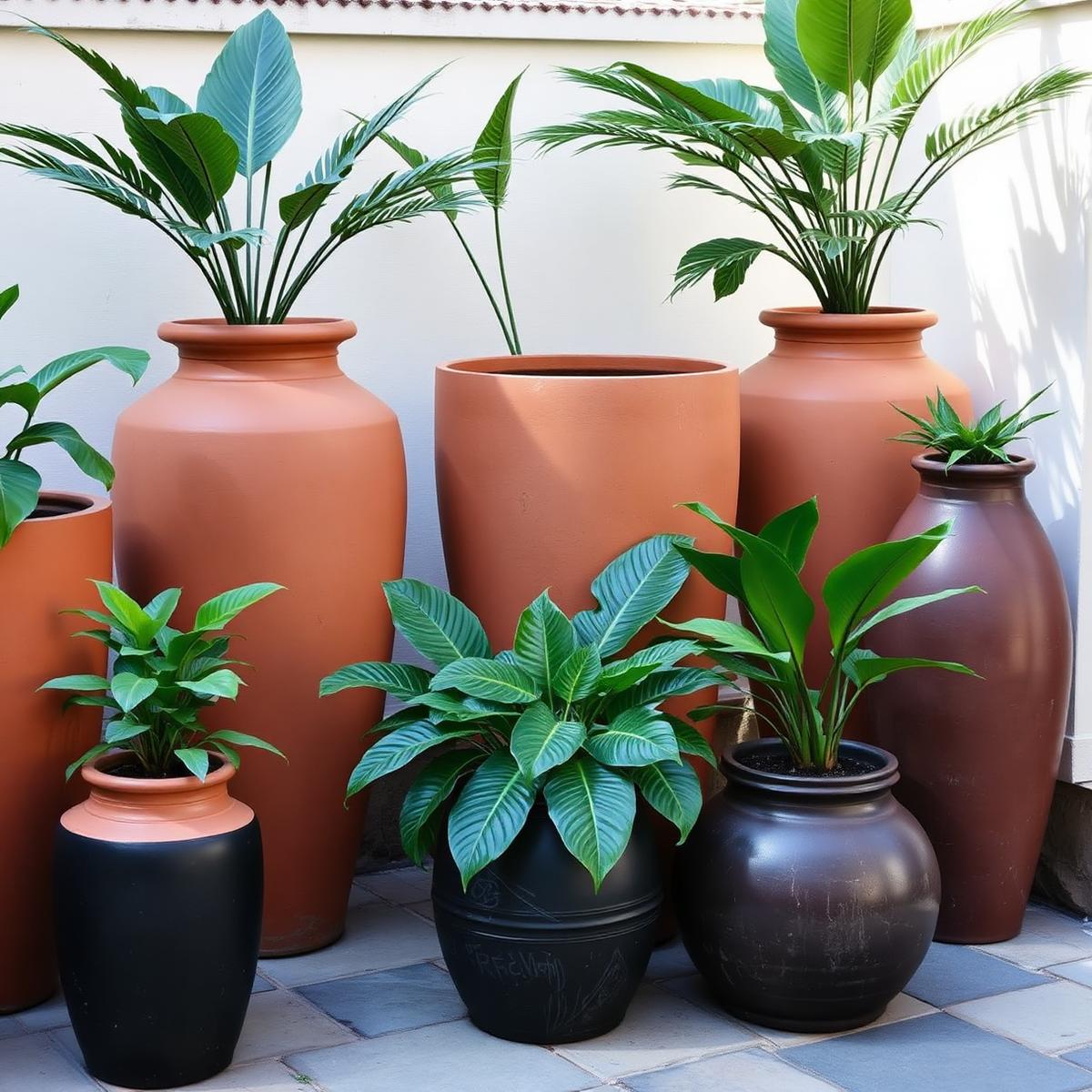 Arrangement of terracotta pots planted with tropical foliage