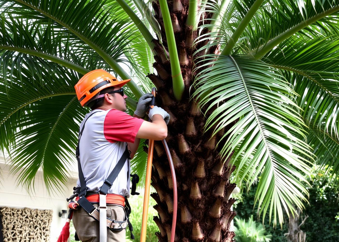 Arborist pruning a tall palm in a residential garden